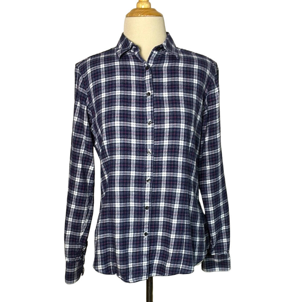 BROOKS BROTHERS "346" Women 8 Navy Plaid Cotton Flannel‎ Button Up Shirt Classic